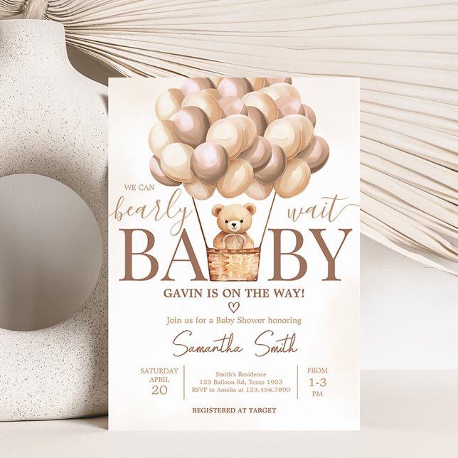 Convites Chá de fraldas de Balão de Ar Quente Castanho de E (Gender Neutral Baby Bear Baby Shower Invitation)