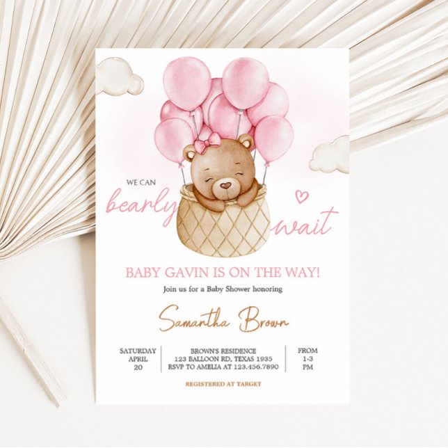 Convites Chá de fraldas de Balão de Ar Quente com Urso Bebê (Baby Bear Pink Baby Shower Invitation)