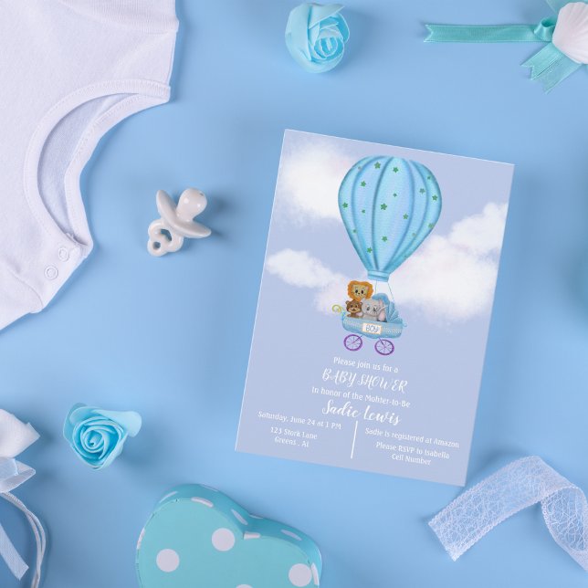 Convites Chá de fraldas de Balão de Ar Quente da Aquarela (Soft pastel hues create a serene ambiance, perfect for celebrating the arrival of a precious boy!)