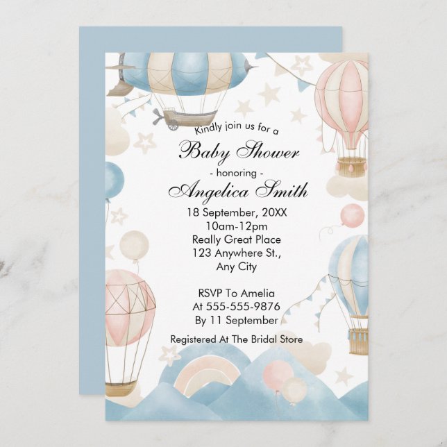 Convites Chá de fraldas de Balão de Ar Quente de Aquarela (Frente/Verso)