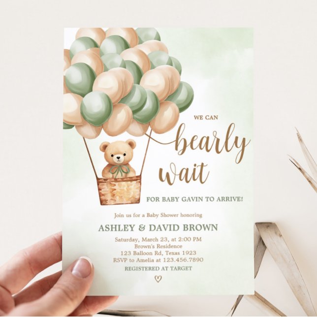 Convites Chá de fraldas de Balão de Ar Quente do Green Bear (Boho Green Bear Baby Shower Invitation)