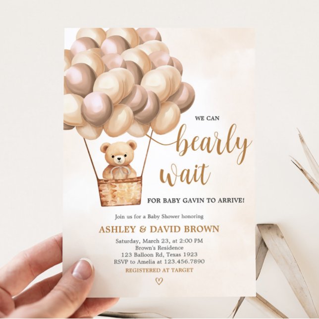 Convites Chá de fraldas de Balão de Ar Quente do Urso Casta (Boho Brown Bear Baby Shower Invitation)