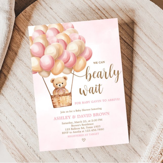 Convites Chá de fraldas de Balão de Ar Quente do Urso Rosa (Girl Bear Boho Baby Shower Invitation)