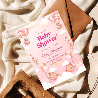 Convites Chá de fraldas de Balão de Ar Quente do Urso Rosa