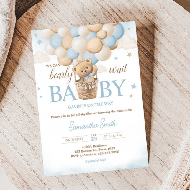 Convites Chá de fraldas de Balão de Ar Quente do Urso Teddy (Boho Blue Bear Baby Shower Invitation)