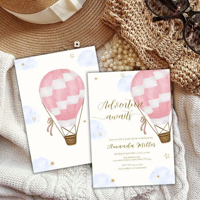 Convites Chá de fraldas de Balão de Ar Quente, Dourado Adve (Pink Gold Adventure Hot Air Balloon Baby Shower Invitation)