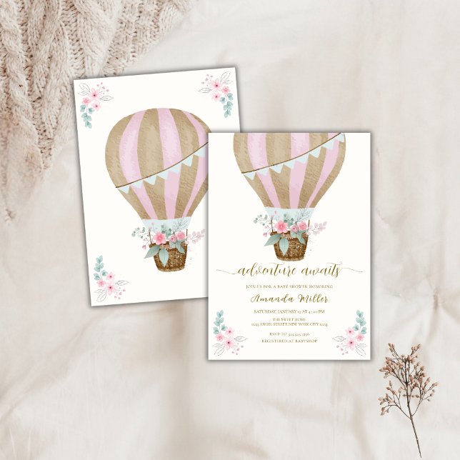 Convites Chá de fraldas de Balão de Ar Quente Floral (Watercolor Floral Hot Air Balloon Baby Shower Invitation)