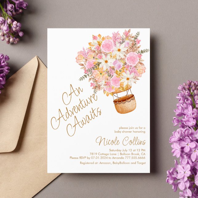 Convites Chá de fraldas de Balão de Ar Quente Floral Rosa (Criador carregado)