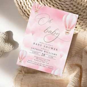 Convites Chá de fraldas de balão de ar quente rosa