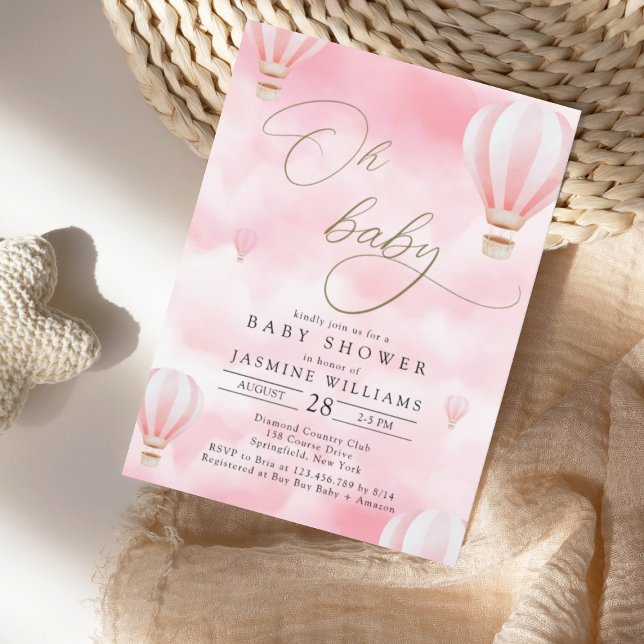 Convites Chá de fraldas de balão de ar quente rosa (Criador carregado)