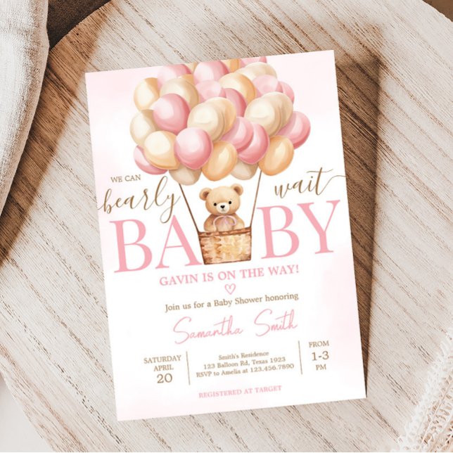 Convites Chá de fraldas de Balão de Ar Quente Rosa de Esper (Girl Baby Bear Balloons Baby Shower Invitation)