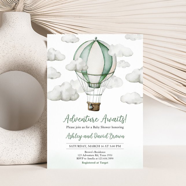 Convites Chá de fraldas de balão de ar quente verde (Gender Neutral Travel Baby Shower Invitation)