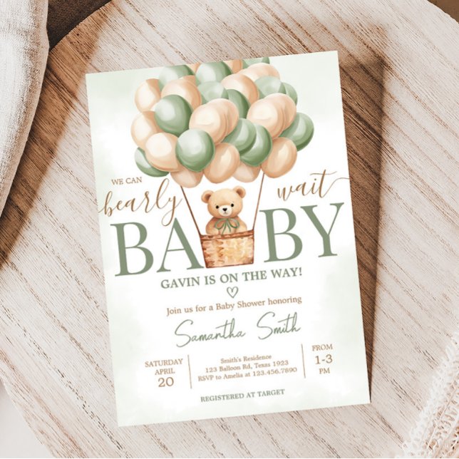 Convites Chá de fraldas de balão de ar quente verde de espe (Gender Neutral Baby Bear Balloons Baby Shower Invitation)