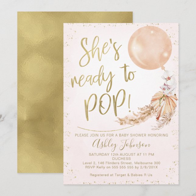 Convites Chá de fraldas De Balão De Boho Dourado Rosa Pront (Frente/Verso)