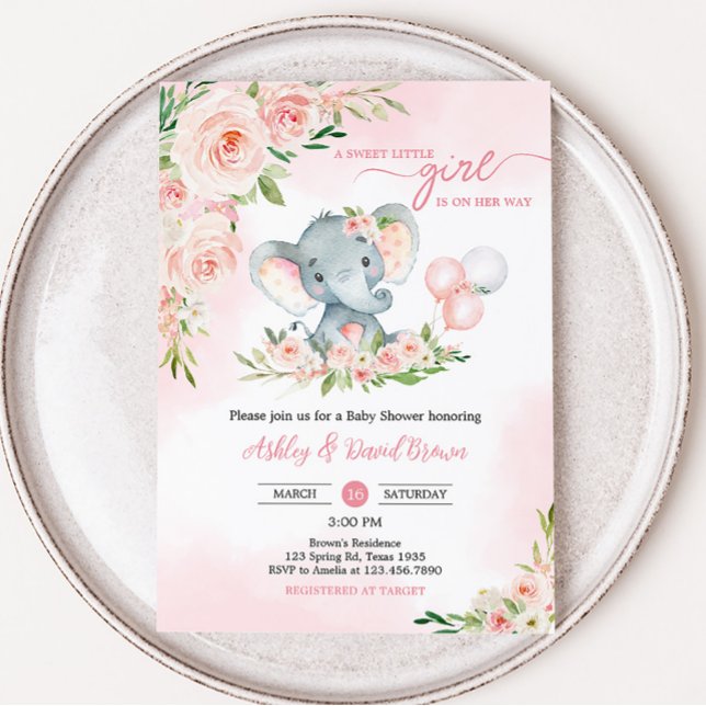 Convites Chá de fraldas de Balão de Elefante Floral Rosa (Floral Balloon Elephant Baby Shower Invitation)