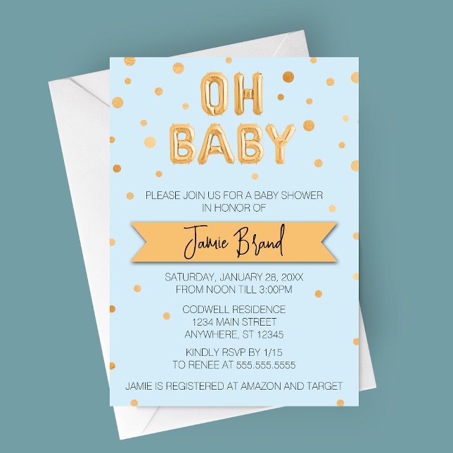 Convites Chá de fraldas de Balão de Folha de Bebê Gold (Oh Baby Gold Foil Balloons on Blue Background Baby shower invitation)