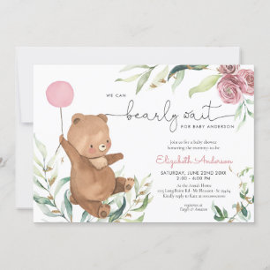 Convites Chá de fraldas de Balão de Urso Verde Floral Ros