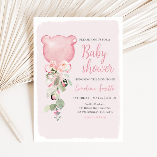 Convites Chá de fraldas de Balão Eucalyptus Floral Rosa (Pink Floral Eucalyptus Bear Balloon Baby Shower Invitation
)