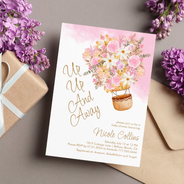 Convites Chá de fraldas de Balão Floral Rosa para Cima e pa (Criador carregado)