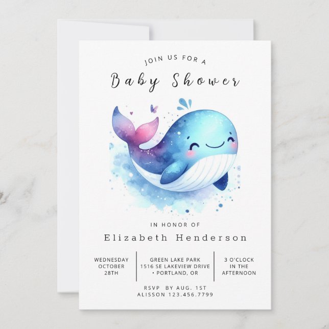 Convites Chá de fraldas de Baleia com Impressão Clássica (Frente)