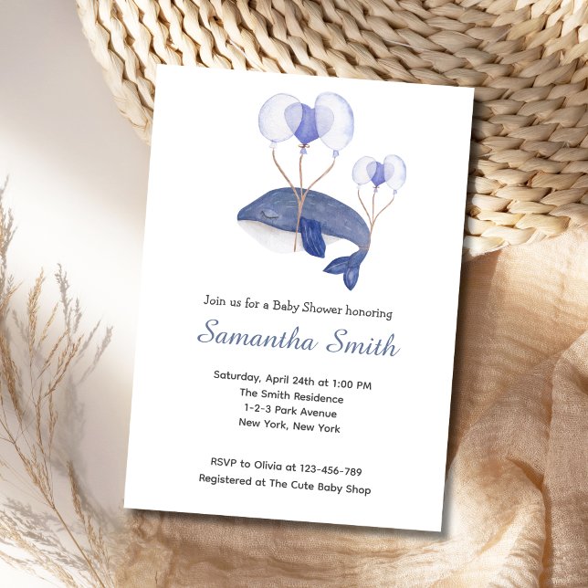 Convites Chá de fraldas de Baleia de Cor Azul (Blue Whale Baby Shower Invitation)