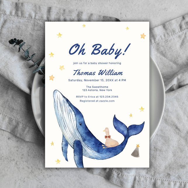 Convites Chá de fraldas de Baleia Estrelada Baleeira Azul (Blue Whimsical Duckling Star Whale Baby Shower Invitation)