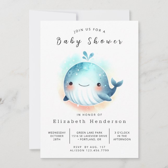 Convites Chá de fraldas de Baleia Imprimível Whimsy (Frente)