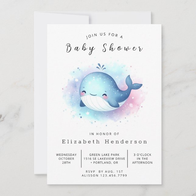 Convites Chá de fraldas de Baleia Personalizada de Aquarela (Frente)