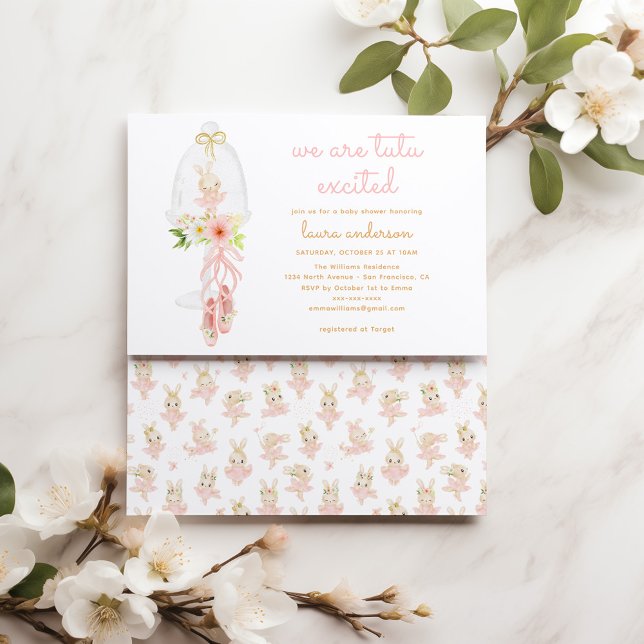Convites Chá de fraldas de Ballerina, coelho rosa (landscape ballerina watercolor baby shower invitation)