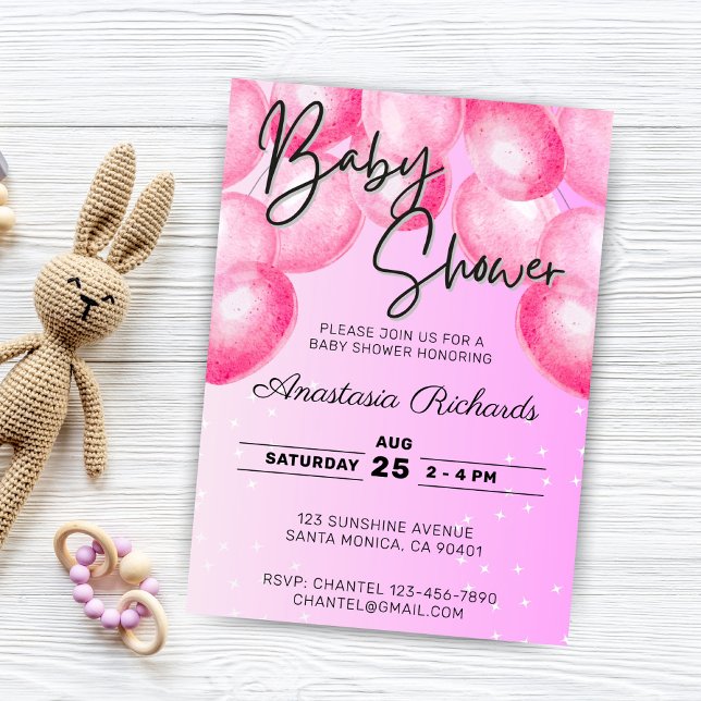 Convites Chá de fraldas de Balões de Aquarela Rosa (pink watercolor balloons baby shower invitation)