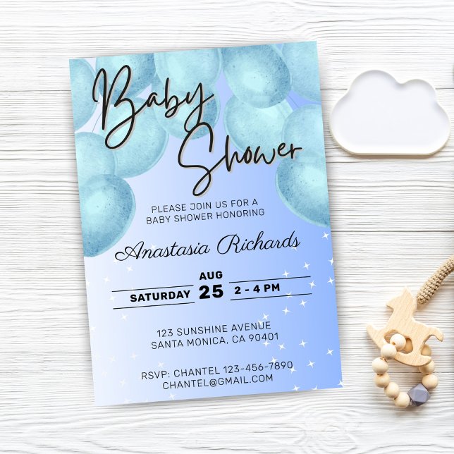 Convites Chá de fraldas de Balões de Cor Azul (blue watercolor balloons baby shower invitation)