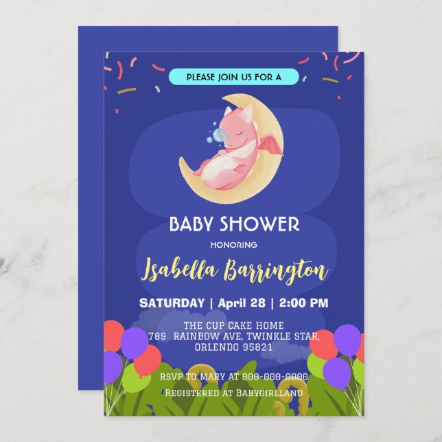 Convites Chá de fraldas de balões de dinossauros de um belo (Frente/Verso)