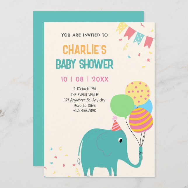Convites Chá de fraldas de balões de elefantes (Frente/Verso)