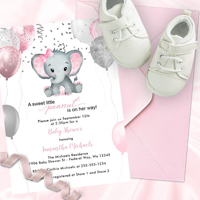 Convites Chá de fraldas de Balões de Elefantes Bonitos (Cute Elephant Girl Balloons Baby Shower Invitation)