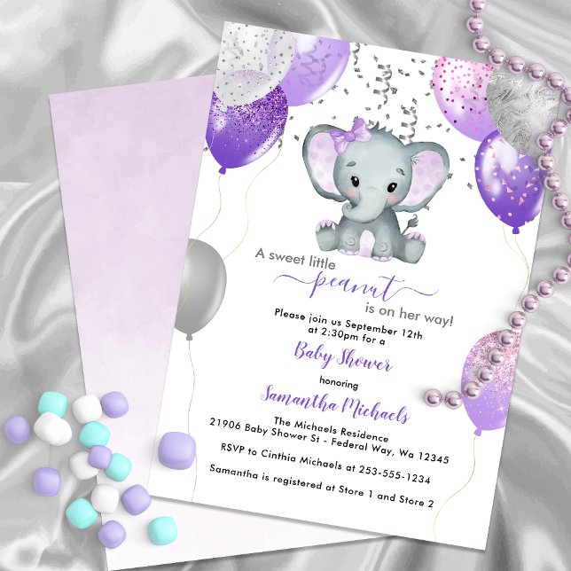 Convites Chá de fraldas de Balões de Elefantes Bonitos (Cute Elephant Girl Balloons Baby Shower Invitation)