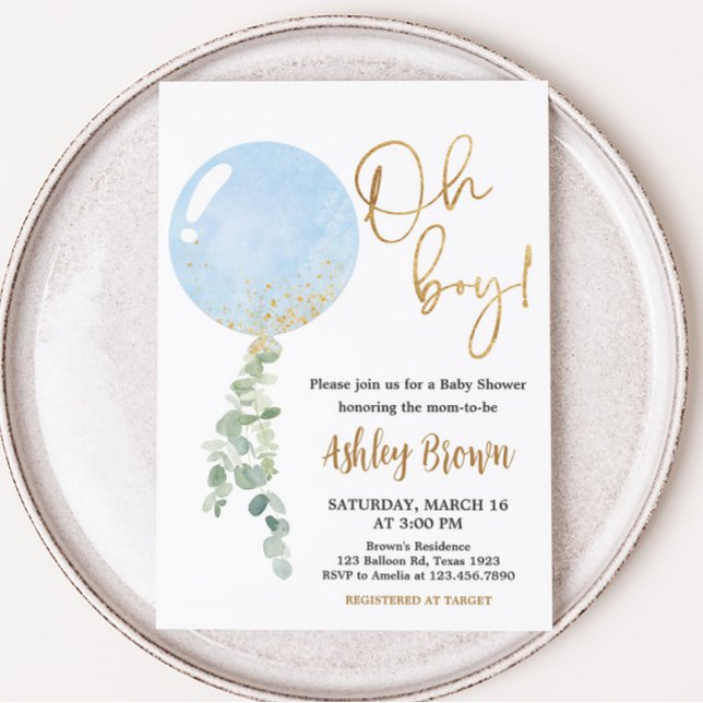 Convites Chá de fraldas de Balões de Menino (Blue Balloon Eucalyptus Baby Shower Invitation)