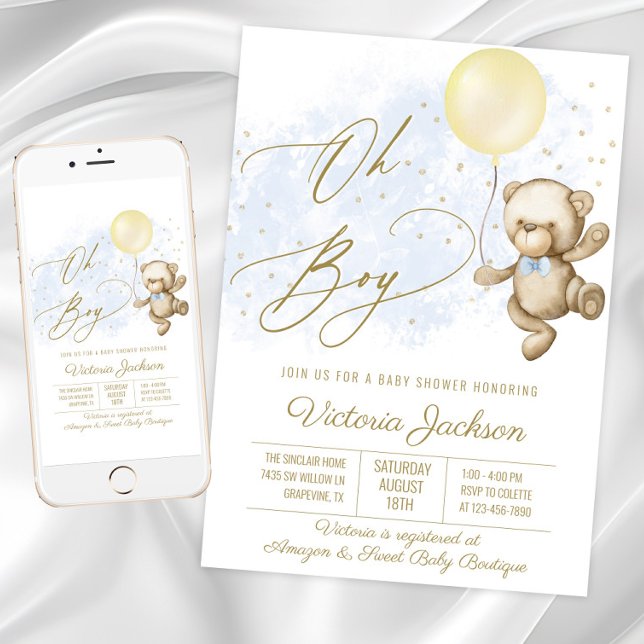 Convites Chá de fraldas de Balões de Urso Menino (Oh Boy baby shower invitation with bear and balloon. Available for instant download and print.)
