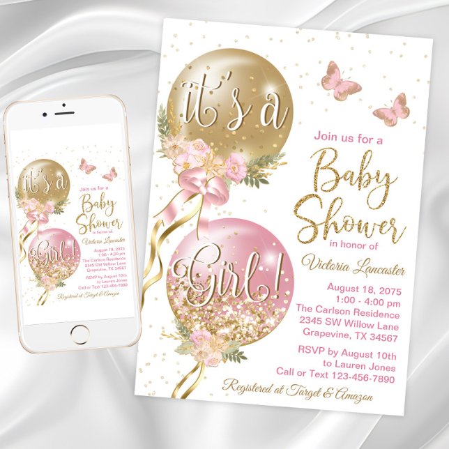 Convites Chá de fraldas de Balões Rapariga (Girl balloon and butterfly pink and gold baby shower invitation. Digital and printed available.)