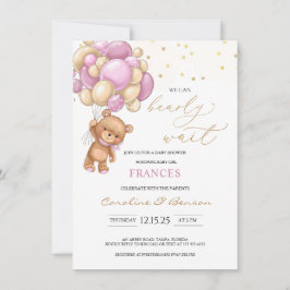 Convites Chá de fraldas de Balões Rosa de Urso Teddy Convit