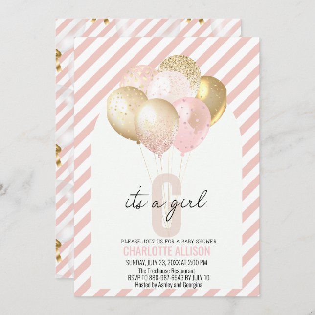 Convites Chá de fraldas de Balões Rosa e Dourado (Frente/Verso)