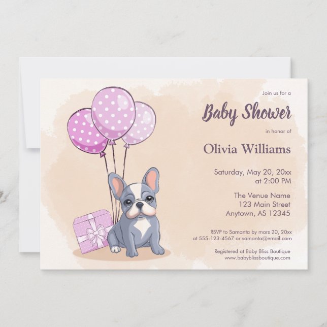 Convites Chá de fraldas de Balões Rosa-Rosa-Pup, Bulldog Fr (Frente)