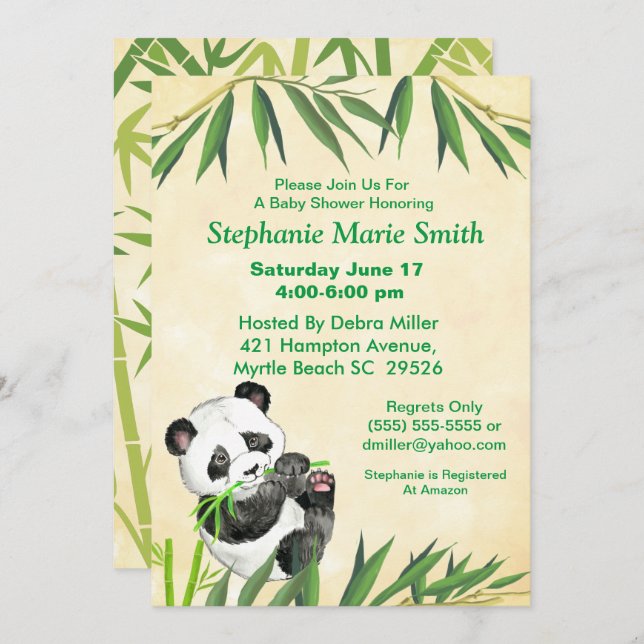 Convites Chá de fraldas de Bambu Verde Panda (Frente/Verso)