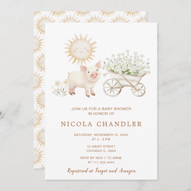 Convites Chá de fraldas De Barras De Roda De Suíno Cujo (Frente/Verso)