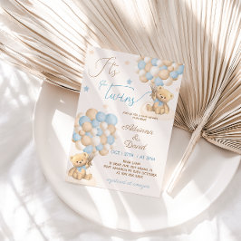 Convites Chá de fraldas de Bear Azul Balões Gêmeos