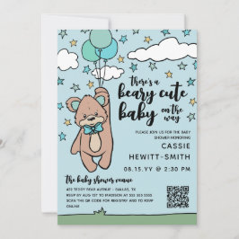 Convites Chá de fraldas de Beary Cute Boy Azul Teal QR Code