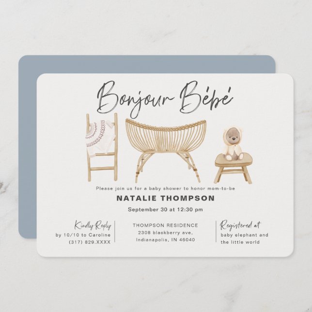 Convites Chá de fraldas de Bebe Blue Boy Bonjour (Frente/Verso)