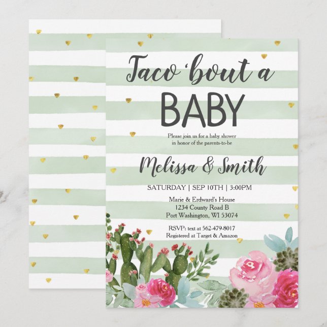 Convites Chá de fraldas de Bebê Cactus floral Taco (Frente/Verso)