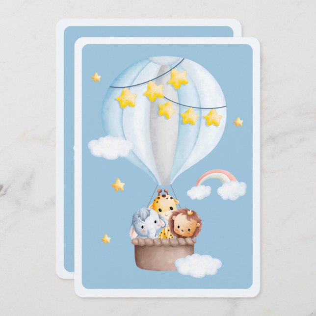 Convites Chá de fraldas de Bebê de Animais Balões de Ar Que (Frente/Verso)