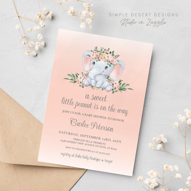 Convites Chá de fraldas de Bebê Elefante Floral (Blush Pink Floral Cute Elephant Baby Shower Invitation)