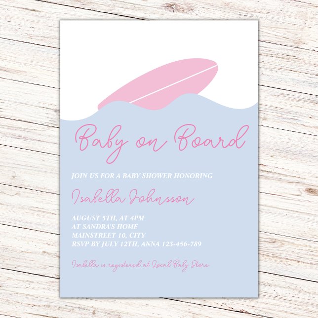 Convites Chá de fraldas De Bebê No Surf Da Praia Do Conselh (baby on board surf beach girl invitation)